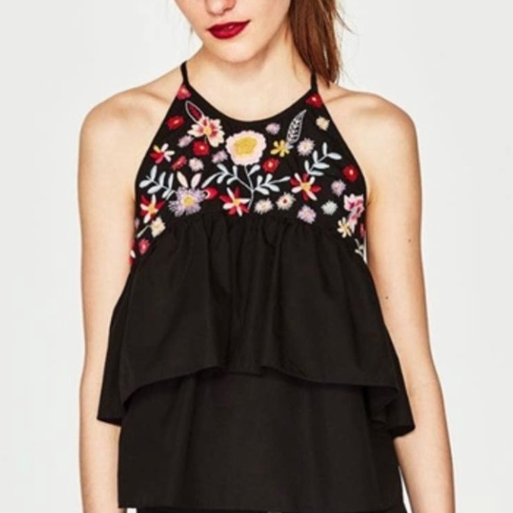 Zara TRF colorful floral embroidery ruffled sleeveless summer black top - M